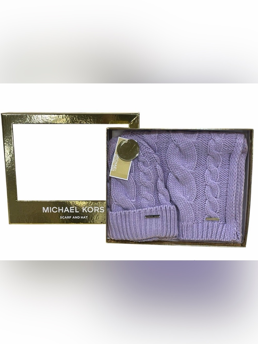 MICHAEL Michael Kors NEW/Tags Purple Cableknit 2 Piece Adult Hat & Scarf Set IOB